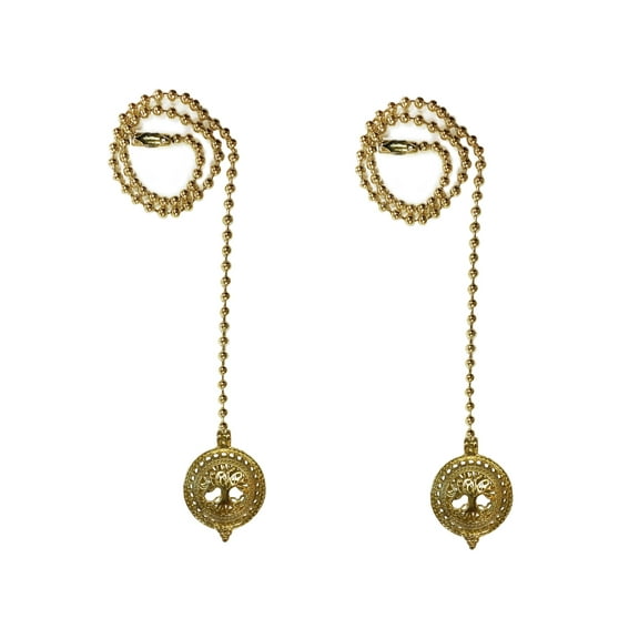 Royal Designs 24 Inch Adjustable Ceiling Fan Pull Chain Extension with Tree of Life Ornament, Polished Brass, Set of 2