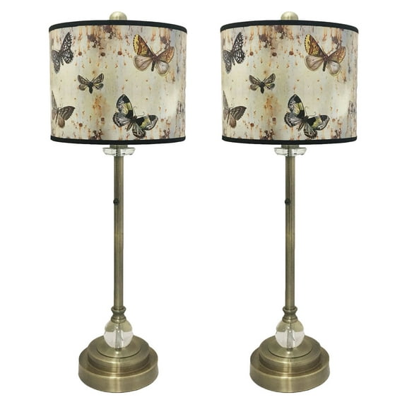 Royal Designs 28" Crystal and Antique Brass Buffet Lamp with Butterfly Graphic Design Hard Back Lamp Shade, Set of 2