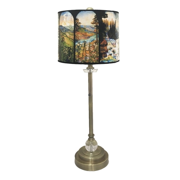 Royal Designs 28" Crystal and Antique Brass Buffet Lamp with Four Seasons Stained Glass Design Hard Back Lamp Shade