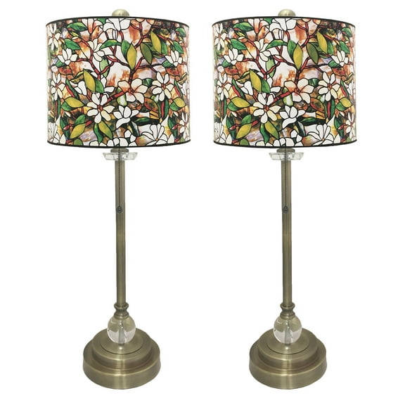 Royal Designs 28" Crystal and Antique Brass Buffet Lamp with Magnolia Stained Glass Design Hard Back Lamp Shade, Set of 2