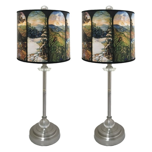 Royal Designs 28" Crystal and Brushed Nickel Buffet Lamp with Four Seasons Stained Glass Design Hard Back Lamp Shade, Set of 2