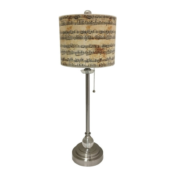 Royal Designs 28" Crystal and Brushed Nickel Buffet Lamp with Musical Notes Design Hardback Lamp Shade