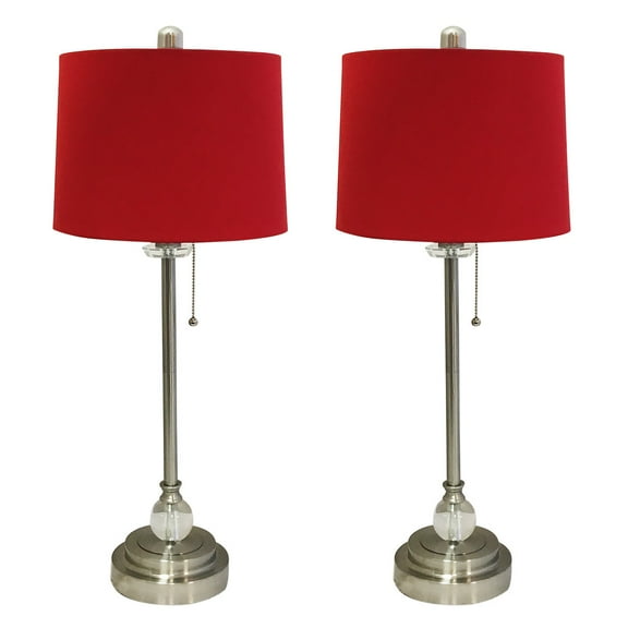 Royal Designs 28" Crystal and Brushed Nickel Buffet Lamp with Red Shallow Drum Hardback Lamp Shade, Set of 2