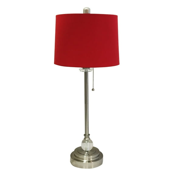 Royal Designs 28" Crystal and Brushed Nickel Buffet Lamp with Red Shallow Drum Hardback Lamp Shade