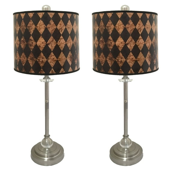 Royal Designs 28" Crystal and Brushed Nickel Buffet Lamp with Vertical Black Diamond on Papyrus Design Hard Back Lamp Shade, Set of 2