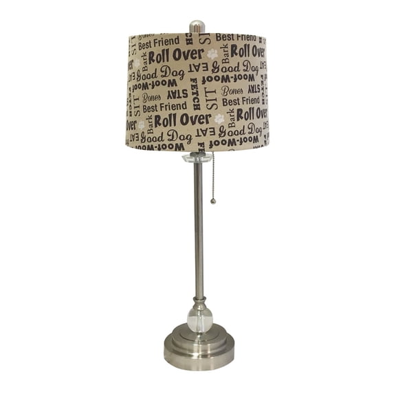 Royal Designs 28" Crystal and Brushed Nickel Lamp with Cream and Brown Dog Lover Print Drum Hardback Lamp Shade