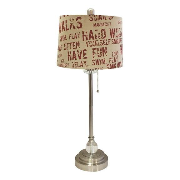 Royal Designs 28" Crystal and Brushed Nickel Lamp with Cream and Red Relaxing Phrase Print Drum Hardback Lamp Shade