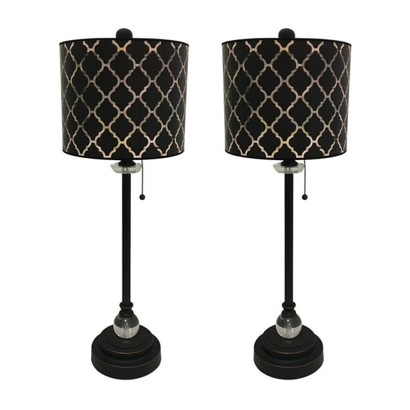 Royal Designs 28" Crystal and Oil Rub Bronze Buffet Lamp with Black Moroccan Tile Design Hardback Lamp Shade, Set of 2