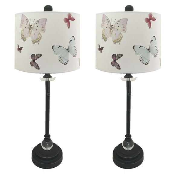 Royal Designs 28" Crystal and Oil Rub Bronze Buffet Lamp with Colorful Butterfly Design Hard Back Lamp Shade, Set of 2