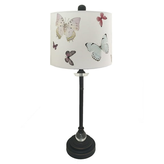 Royal Designs 28" Crystal and Oil Rub Bronze Buffet Lamp with Colorful Butterfly Design Hard Back Lamp Shade
