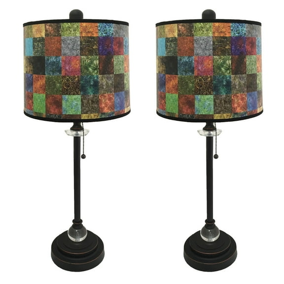 Royal Designs 28" Crystal and Oil Rub Bronze Buffet Lamp with Colorful Patchwork Design Hard Back Lamp Shade, Set of 2
