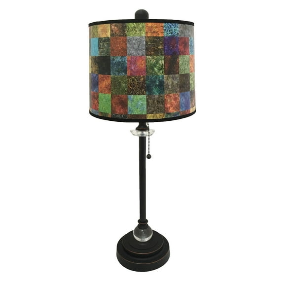 Royal Designs 28" Crystal and Oil Rub Bronze Buffet Lamp with Colorful Patchwork Design Hard Back Lamp Shade