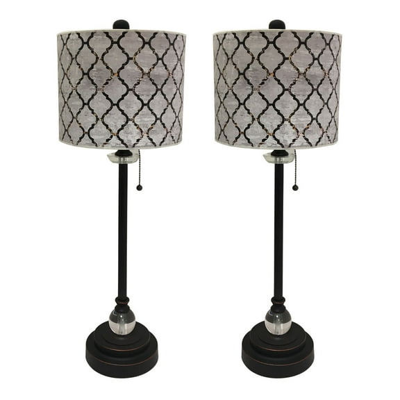 Royal Designs 28" Crystal and Oil Rub Bronze Buffet Lamp with Moroccan Tile Textured Design Hardback Lamp Shade, Set of 2