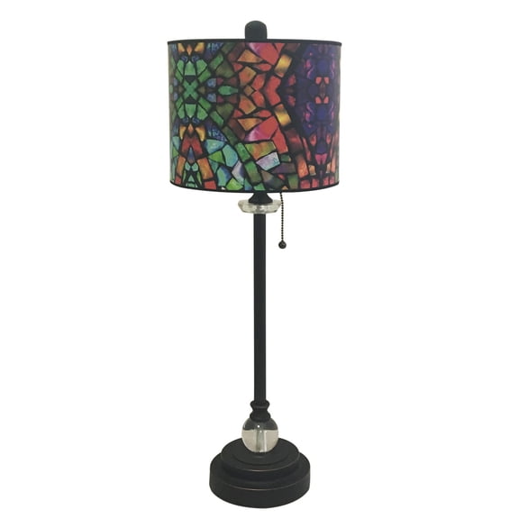 Royal Designs 28" Crystal and Oil Rub Bronze Buffet Lamp with Mosaic Stained Glass Design Hardback Lamp Shade