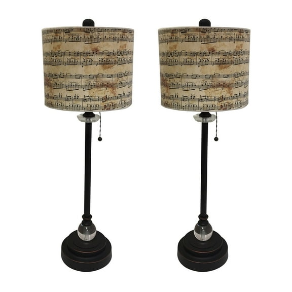 Royal Designs 28" Crystal and Oil Rub Bronze Buffet Lamp with Musical Notes Design Hardback Lamp Shade, Set of 2