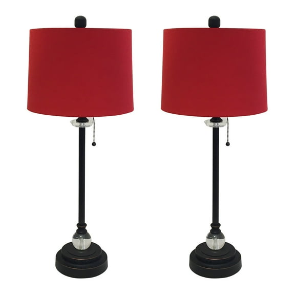Royal Designs 28" Crystal and Oil Rub Bronze Buffet Lamp with Red Shallow Drum Hardback Lamp Shade, Set of 2
