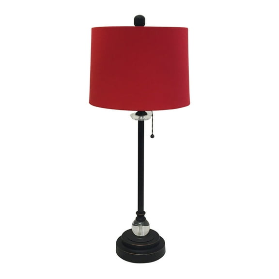 Royal Designs 28" Crystal and Oil Rub Bronze Buffet Lamp with Red Shallow Drum Hardback Lamp Shade
