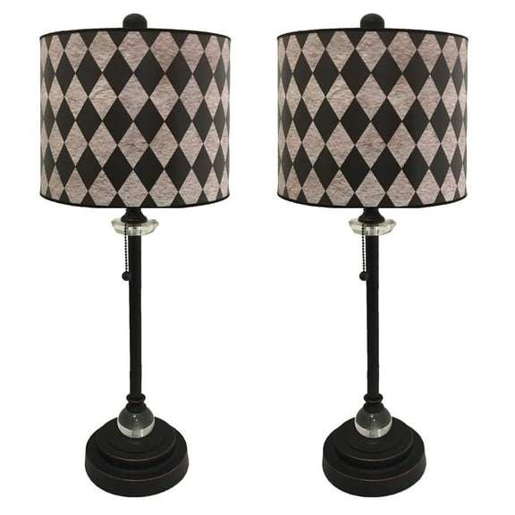 Royal Designs 28" Crystal and Oil Rub Bronze Buffet Lamp with Vertical Black Diamond on Grey Papyrus Design Hard Back Lamp Shade, Set of 2