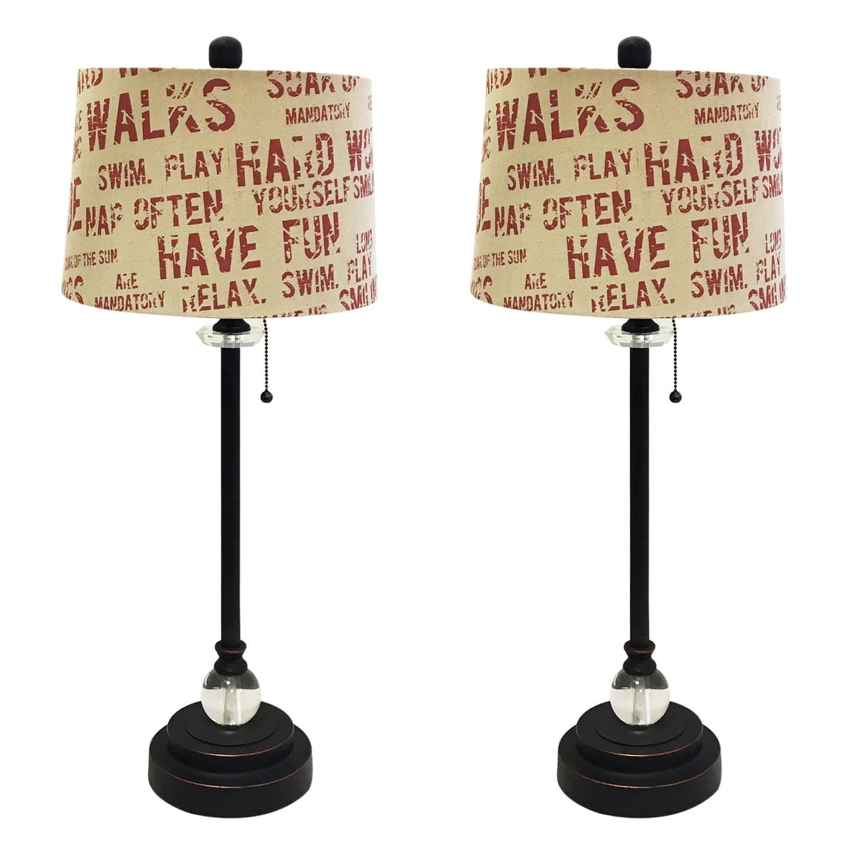 Royal Designs 28" Crystal and Oil Rub Bronze Lamp with Cream and Red Relaxing Phrase Print Drum Hardback Lamp Shade, Set of 2