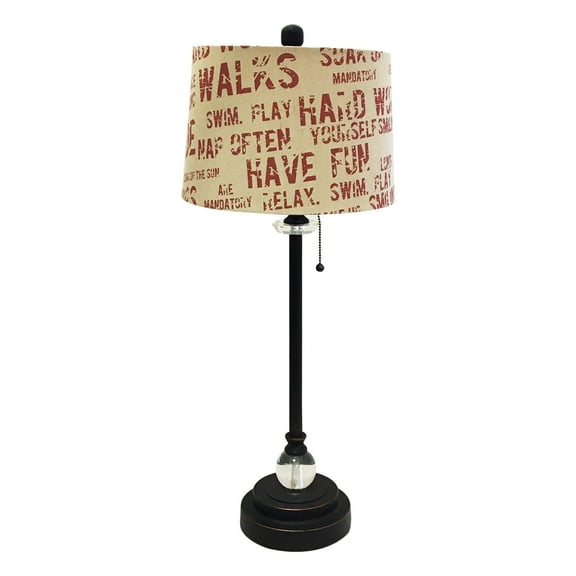 Royal Designs 28" Crystal and Oil Rub Bronze Lamp with Cream and Red Relaxing Phrase Print Drum Hardback Lamp Shade