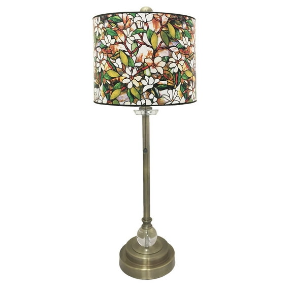 Royal Designs Antique Brass Lamp with Magnolia Stained Glass Design Lamp Shade 1 Light - Crystal
