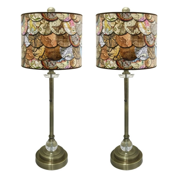 Royal Designs Antique Brass Lamp with Vintage World Maps Lamp Shade 2 Lights