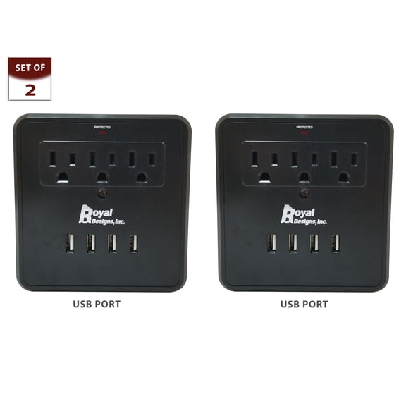 Royal Designs Black USB Wall Mount and Surge Protector with 3 Outlets and Four USB Ports, Set of 2