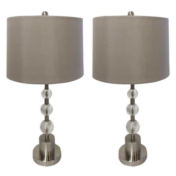 Royal Designs Brush Nickel Lamp with Crystal Ball Accents and Gray Shallow Drum Hardback Lamp Shade, Se of 2