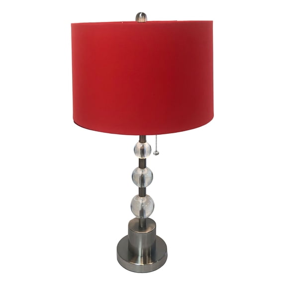 Royal Designs Brush Nickel Lamp with Crystal Ball Accents and Red Shallow Drum Hardback Lamp Shade