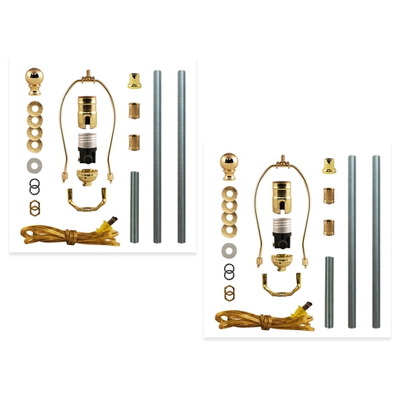 Royal Designs DIY Lamp Making Kit - Make, Refurbish, and Repair – includes 3-Way Socket, 8" Harp, 8 ft long lamp cord & all required electrical hardware - Polished Brass - Set of 2