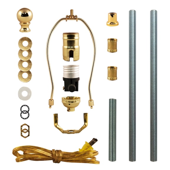 Royal Designs DIY Lamp Making Kit - Make, Refurbish, and Repair - includes 3-Way Socket, 8" Harp, 8 ft. long lamp cord & all required electrical hardware - Polished Brass