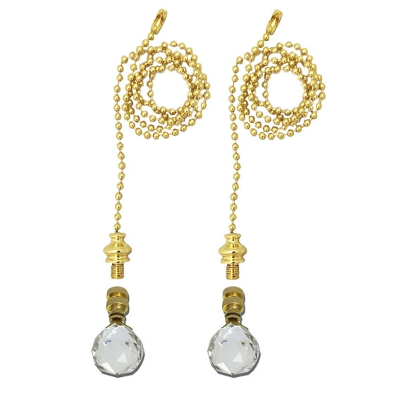 Royal Designs Fan Pull Chain with Large Faceted Diamond Cut Crystal Finial - Polished Brass, Set of 2