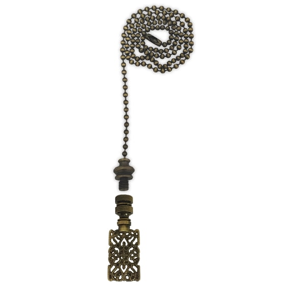 Royal Designs Fan Pull Chain with Rectangle Center Cross Filigree Finial – Antique Brass