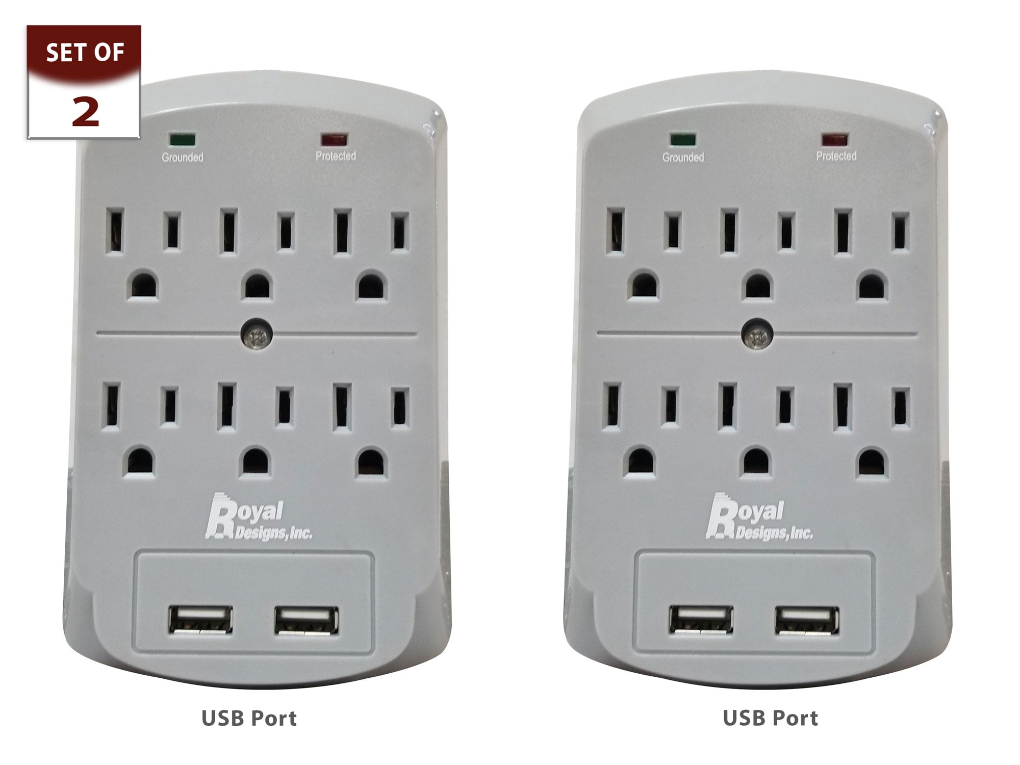 Royal Designs Gray USB Wall Mount and Surge Protector with 6 Outlets and Two USB Ports, Set of 2