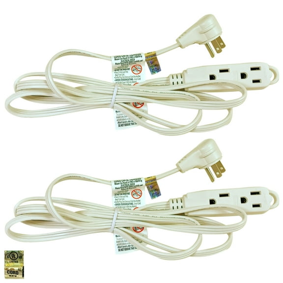 Royal Designs, Inc. Flat Plug Extension Cord for Indoor & Outdoor, 12 ft long, White, 6 Outlet Prong Grounded Wire UL Listed, Set of 2