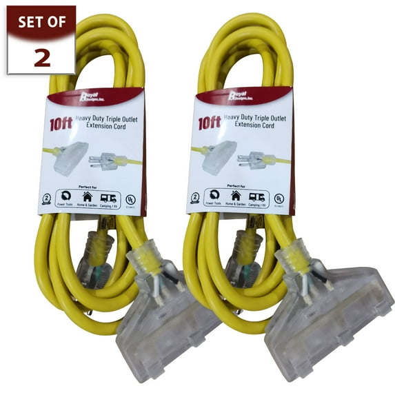 Royal Designs, Inc. Heavy Duty Extension Cord with Indicator light for Indoor & Outdoor, 10 ft long, Yellow, 3 Outlet Prong Grounded Wire UL Listed, Set of 2