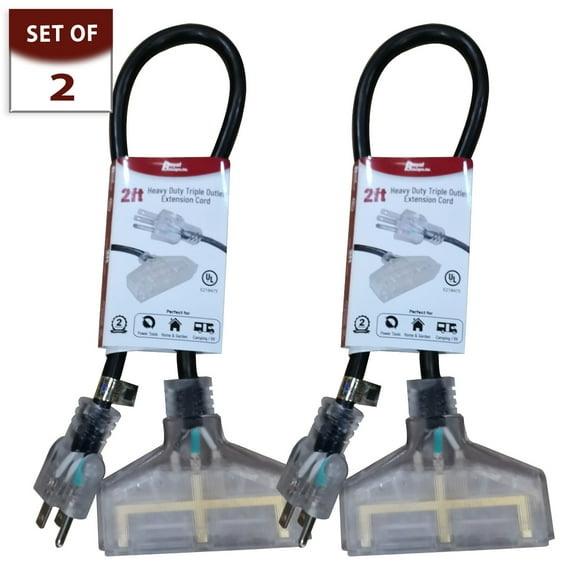 Royal Designs, Inc. Heavy Duty Extension Cord with Indicator light for Indoor & Outdoor, 2 ft long, Black, 3 Outlet Prong Grounded Wire UL Listed, Set of 2
