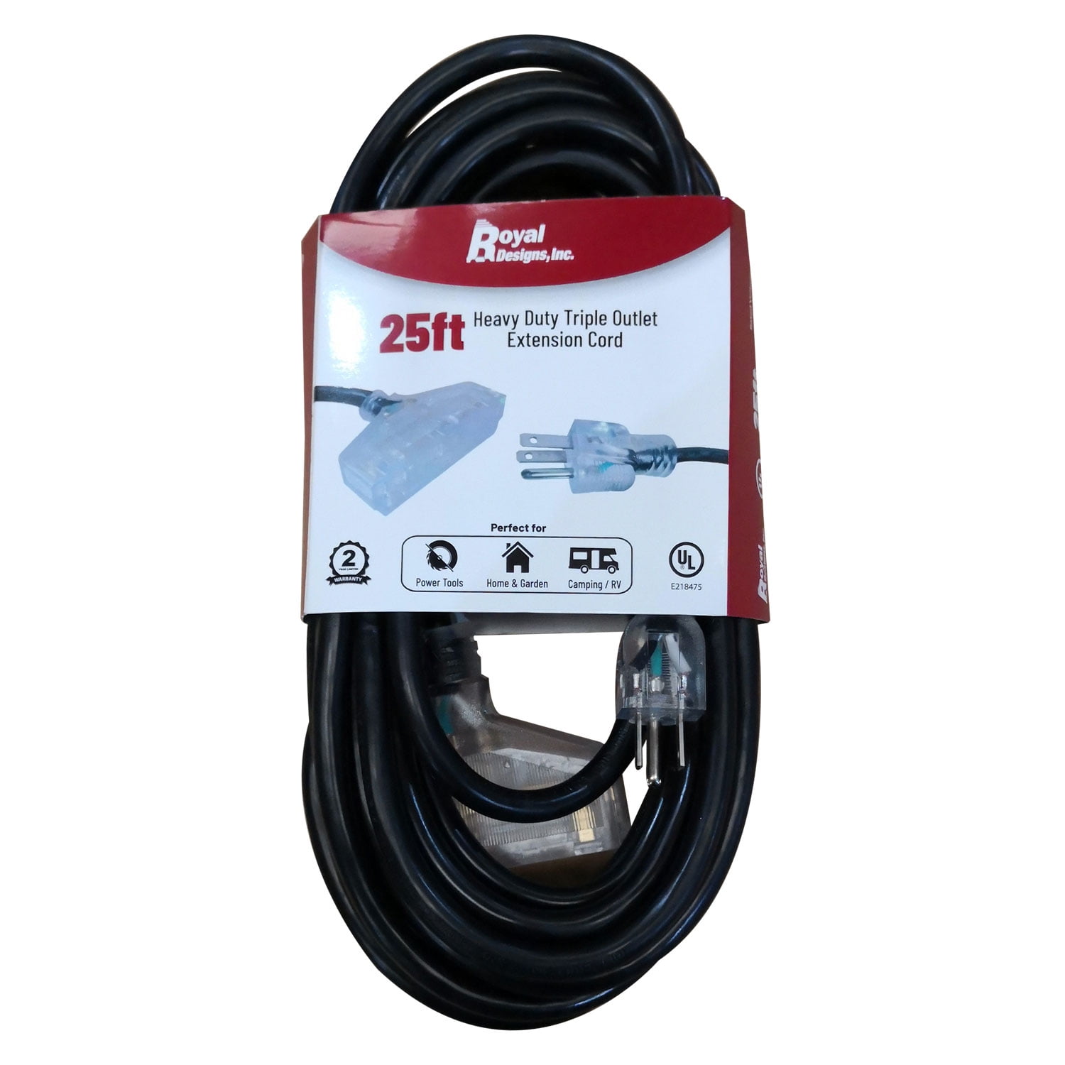 Royal Designs, Inc. Heavy Duty Extension Cord with Indicator light for Indoor & Outdoor, 25 ft long, Black, 3 Outlet Prong Grounded Wire UL Listed