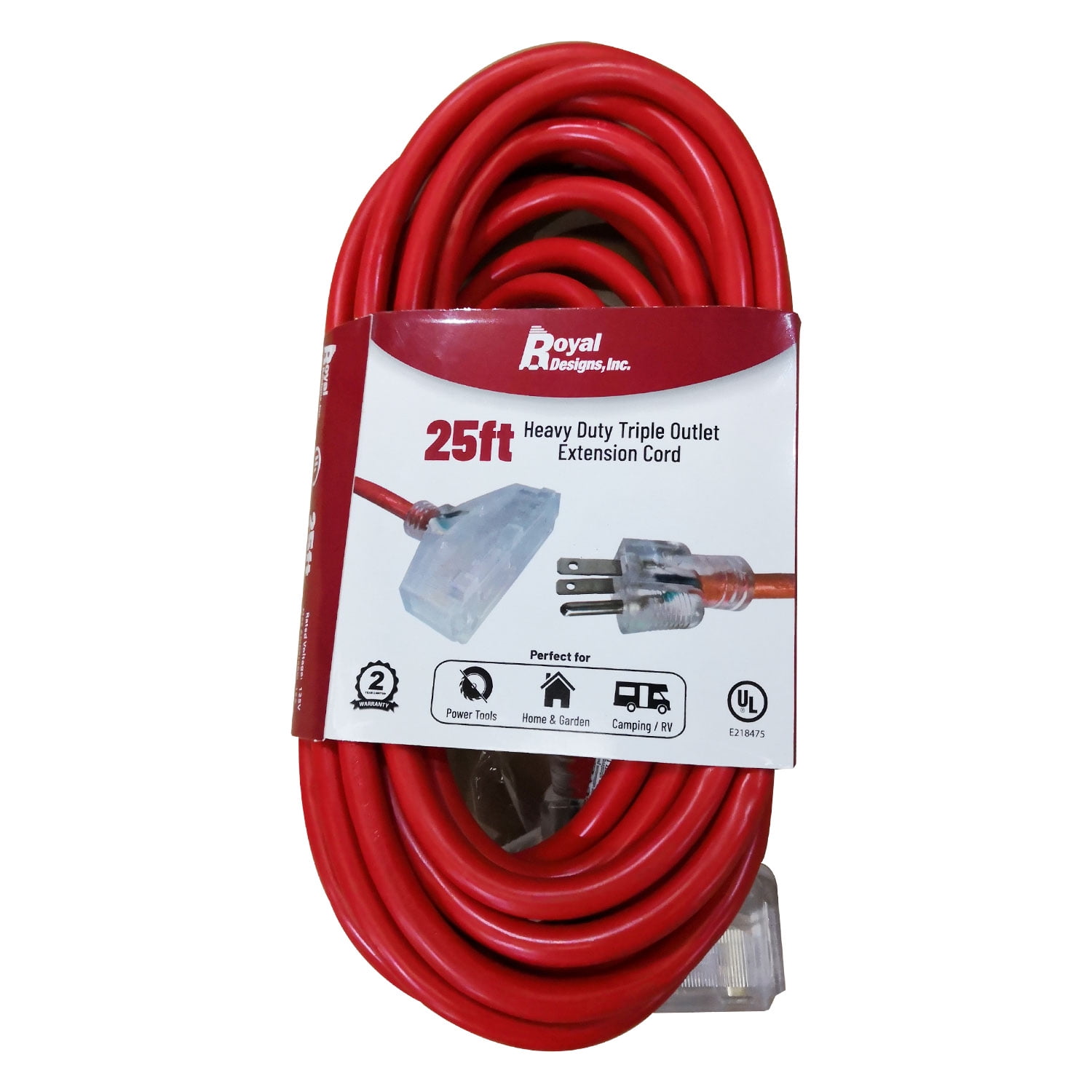 Royal Designs, Inc. Heavy Duty Extension Cord with Indicator light for Indoor & Outdoor, 25 ft long, Red, 3 Outlet Prong Grounded Wire UL Listed