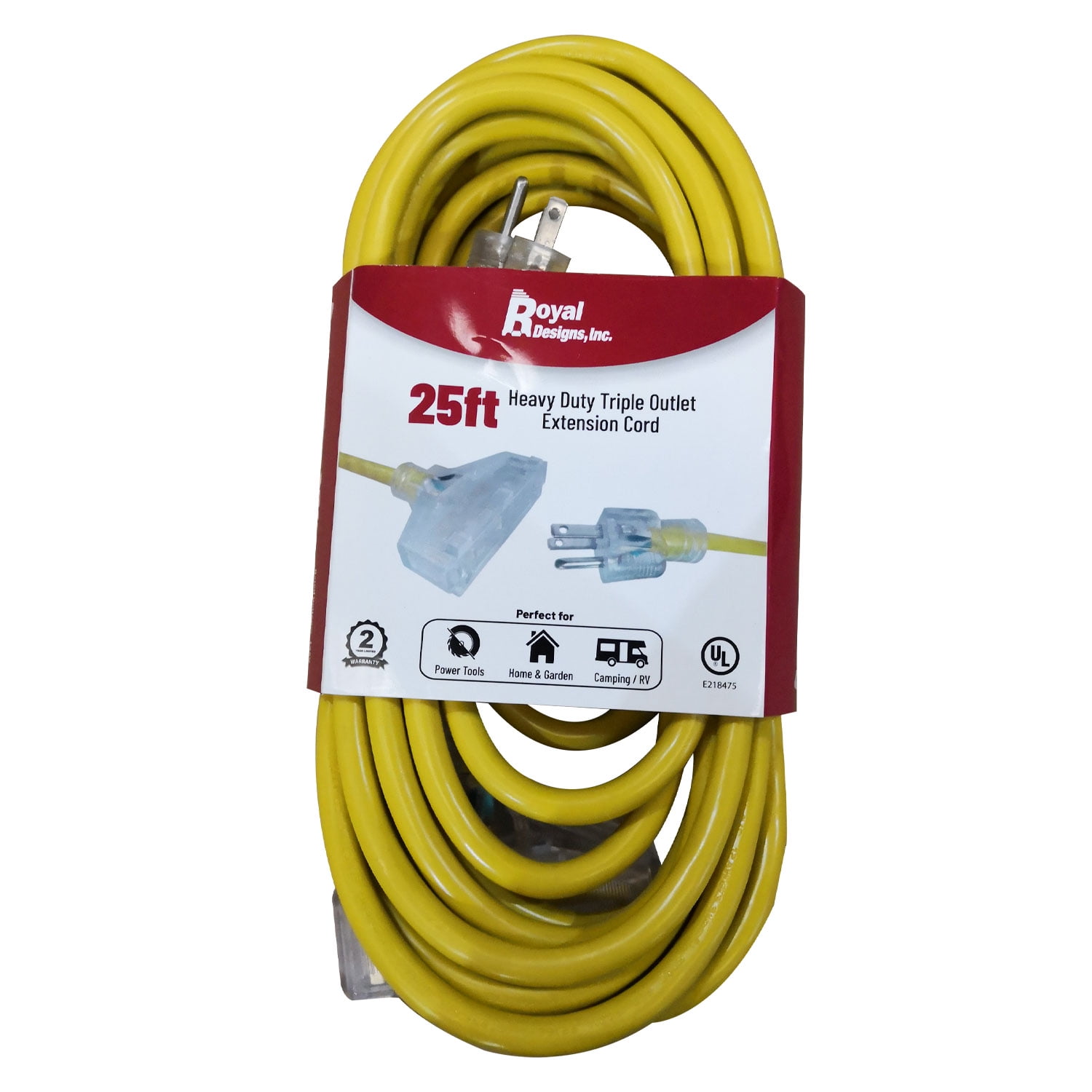 Royal Designs, Inc. Heavy Duty Extension Cord with Indicator light for Indoor & Outdoor, 25 ft long, Yellow, 3 Outlet Prong Grounded Wire UL Listed