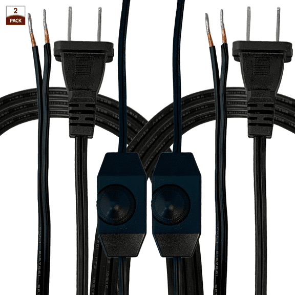 Royal Designs, Inc. Lamp Cord Molded Plug with Dimmer Switch, Stripped Ends Ready for Wiring, 8 ft long, Black, SPT-1 UL Listed