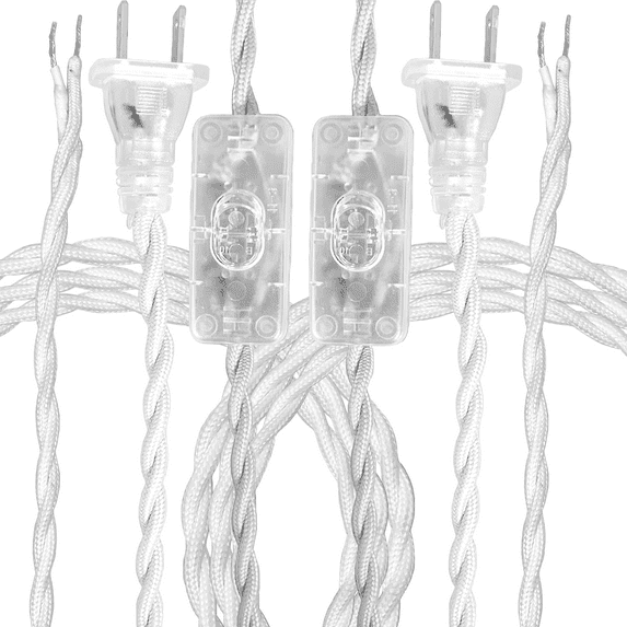 Royal Designs, Inc. Twisted Rayon Lamp Cord, Molded 2-Prong Plug, DIY Repair/Replacement, Stripped Ends Ready for Wiring, 12 Ft, White, SPT-1 UL Stamped, Set of 2