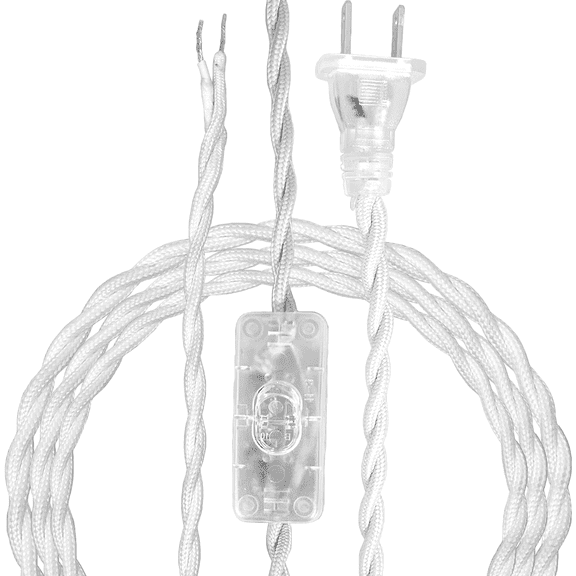 Royal Designs, Inc. Twisted Rayon Lamp Cord, Molded 2-Prong Plug, On/Off Switch, DIY Repair/Replacement, 8 Ft, White, SPT-1 UL Stamped