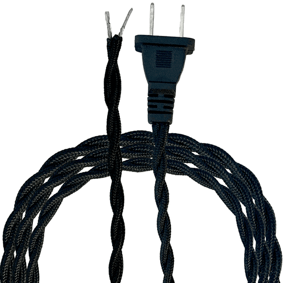 Royal Designs, Inc. Twisted Rayon Lamp Cord with NEMA-15P Plug, Stripped Ends Ready for Wiring, SPT-1 UL Listed, 12FT, Black - Pack of 1