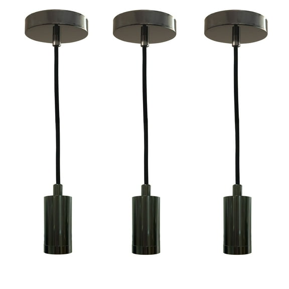Royal Designs Keyless Gun Metal Cylinder-Shaped Pendant Light with Black Rayon Fabric Cord, Set of 3