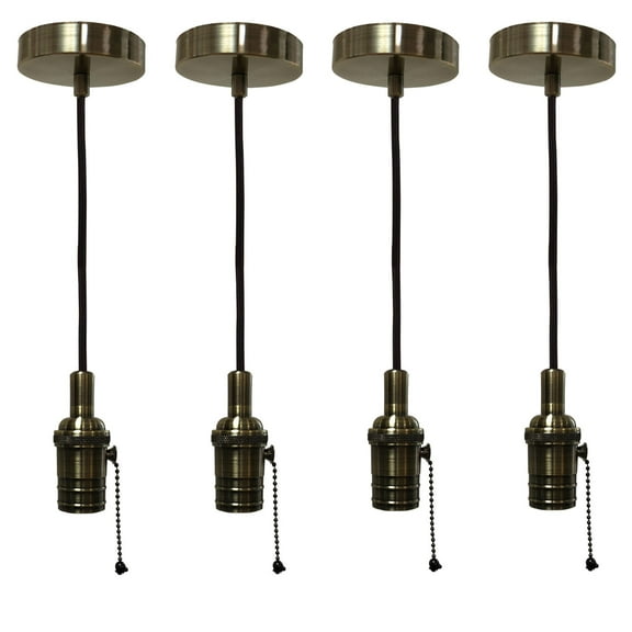 Royal Designs Vintage-Style Antique Brass Pull Chain Pendant Light Socket and Canopy with Brown Rayon Fabric Cord, Set of 4
