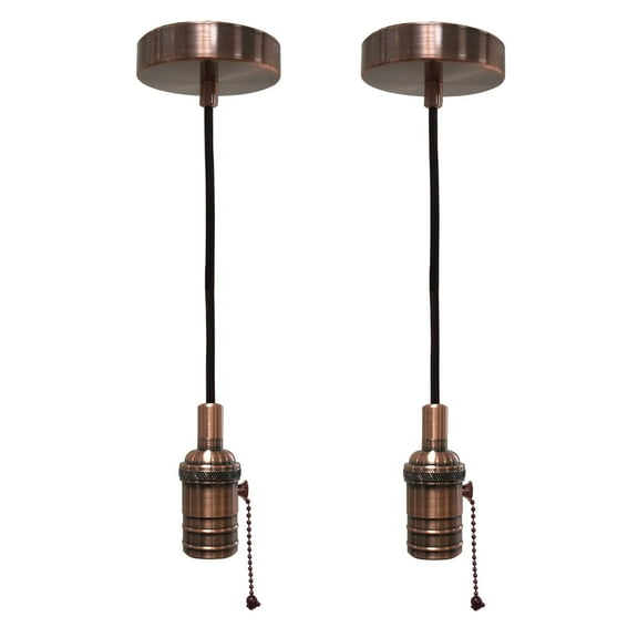Royal Designs Vintage-Style Antique Copper Pull Chain Pendant Light Socket and Canopy with Brown Rayon Fabric Cord, Set of 2