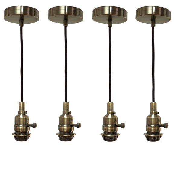 Royal Designs Vintage-Style Gun Metal Gray Keyless Uno Threaded Dimmable Pendant Light Socket and Canopy with Black Rayon Fabric Cord, Set of 4