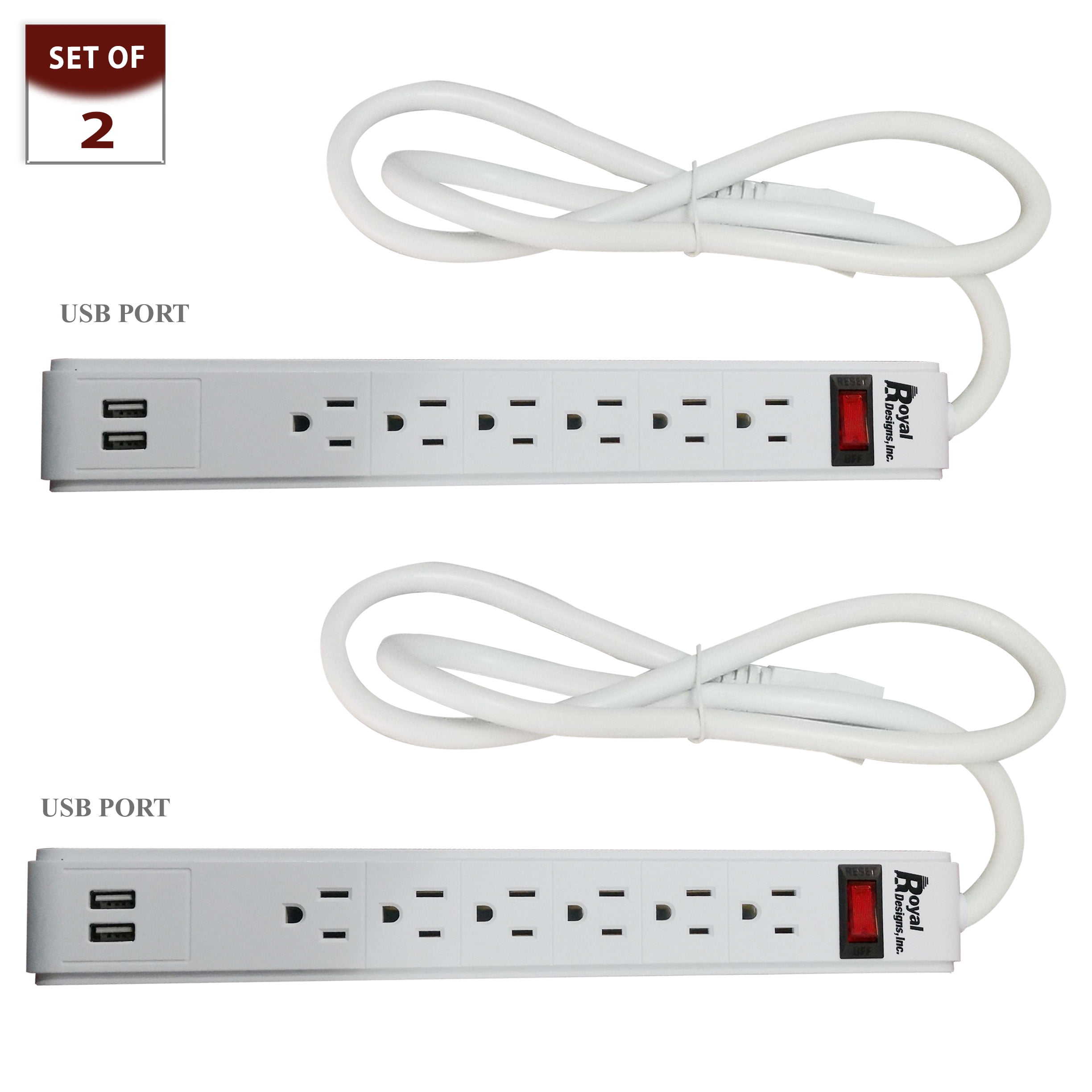 Royal Designs White USB Power Strip and Surge Protector with 6 Outlets and Two USB Ports, Set of 2