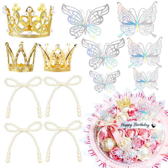 Royal Dream Party Decoration Set - Elegant Crown, Laser Butterflies & Pearl Bows for Birthday, Wedding & Romantic Events